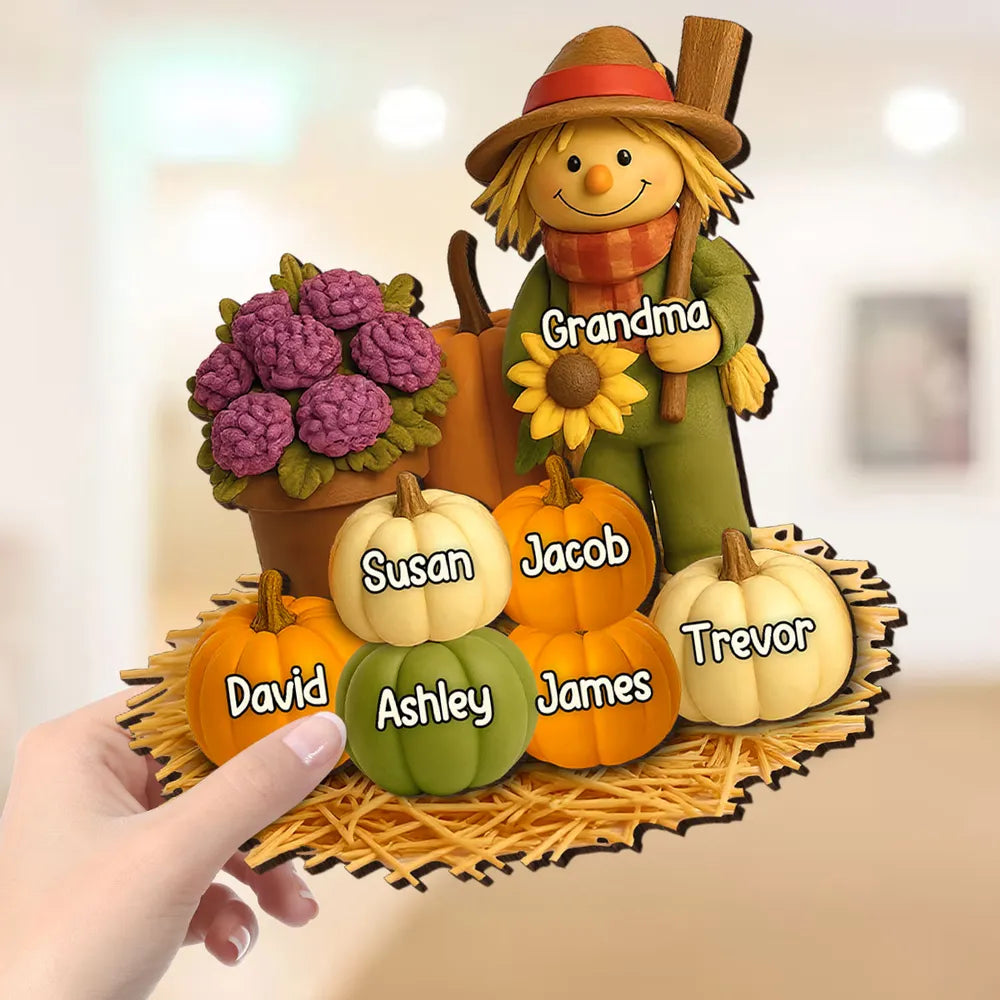 Autumn Harvest Wooden Plaque with Scarecrow and Pumpkins, Heartwarming Grandma Gift for Family Reunion Décor