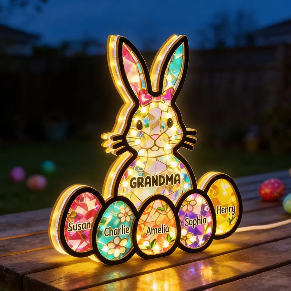 Wooden Acrylic Suncatcher Night Light Mosaic Bunny for Grandma - Personalized Easter Decor That Glows as a Unique Gift