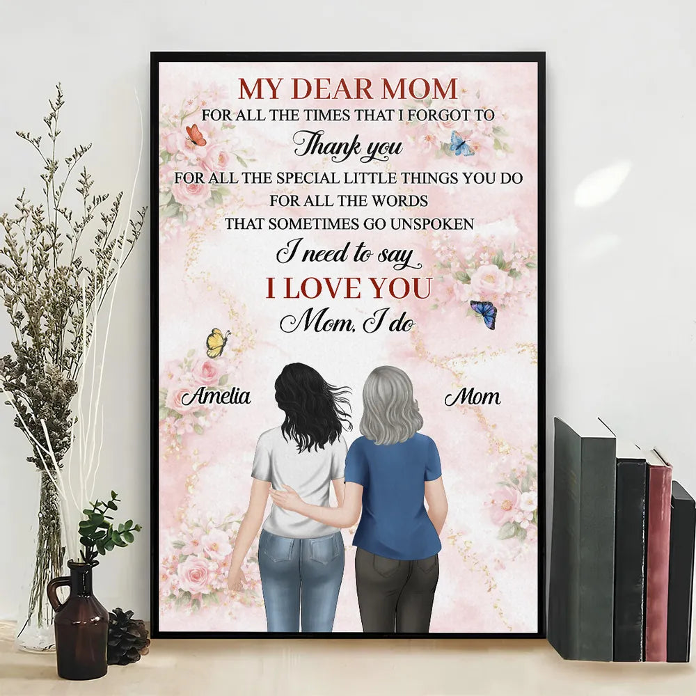 My Dear Mom Personalized Poster, Mother Daughter Hug Illustration, Soft Floral Wall Decor, Heartwarming Gift for Mom