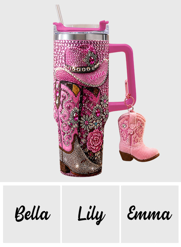 Cowgirl Boots - Personalized Cowgirl Rhinestone Tumbler With Plush Charm