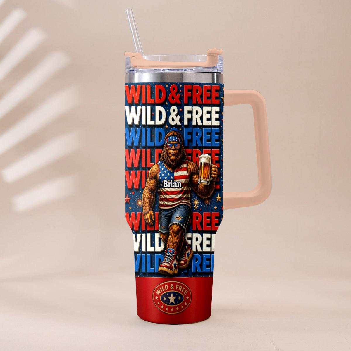 4th of July, Bigfoot Independence Day - Personalized Bigfoot Tumbler With Handle