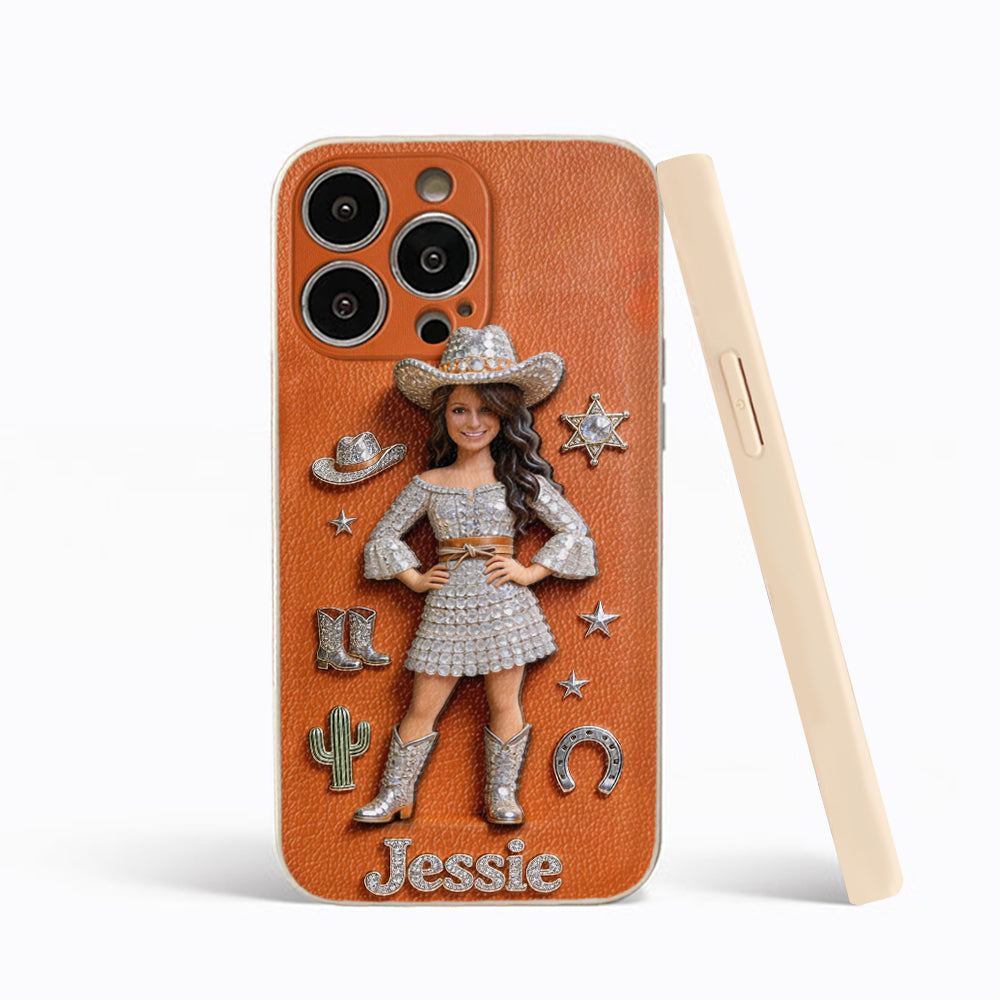 Cowgirl Spirit - Personalized Cowgirl 3D Embossed Leather Phone Case