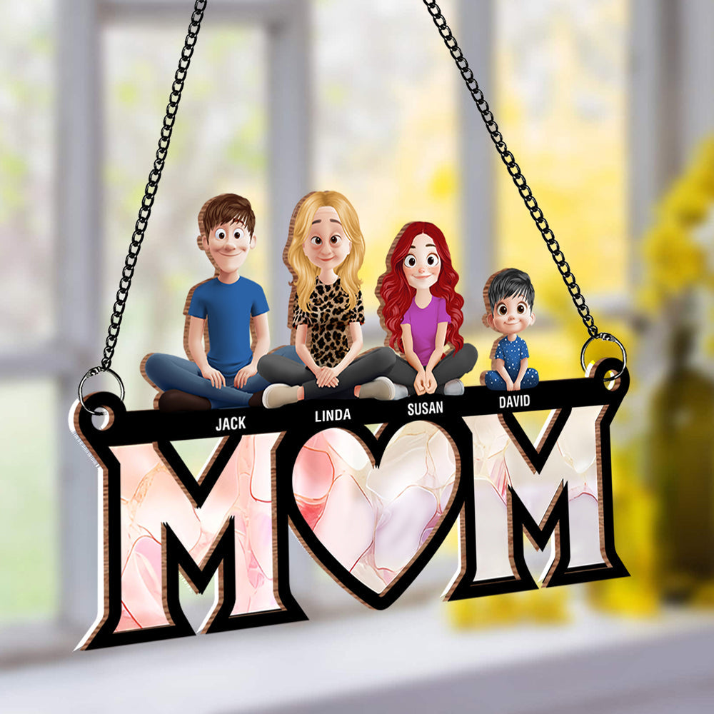 Personalized Wood and Acrylic Layered Ornament – Custom 'MOM' Hanging Ornament with Names of Children – Unique Gift for Mother’s Day, Birthdays, or Special Occasions