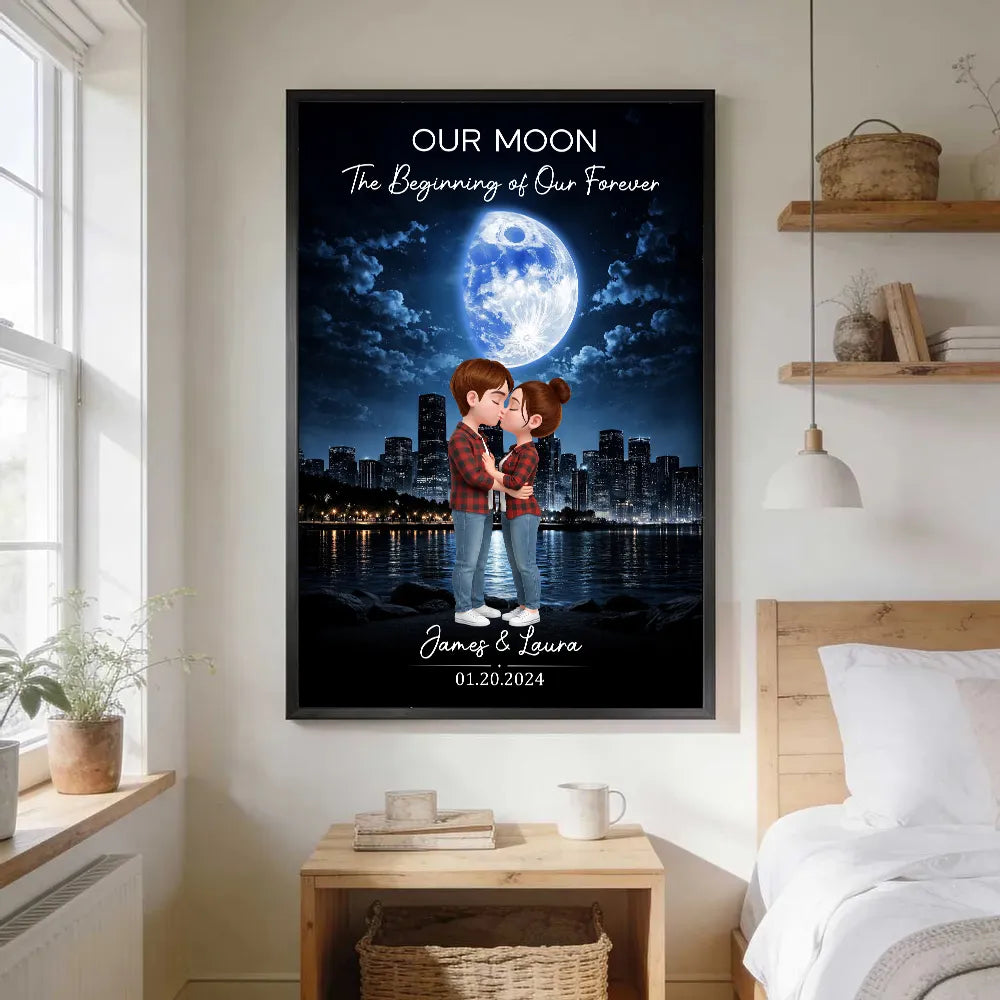 Our Moon Romantic Poster with Kissing Couple by the City Skyline, Personalized Keepsake Wall Art, Unique Wedding Gift