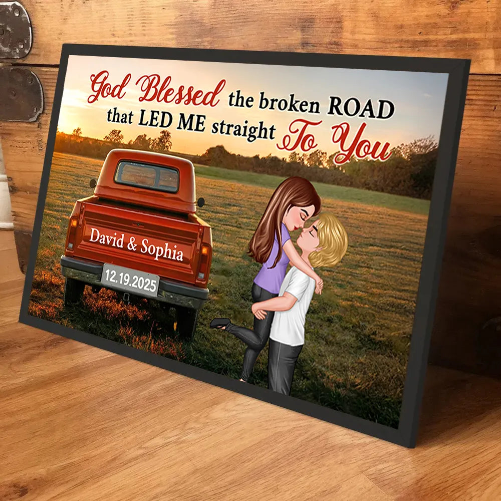 God Blessed the Broken Road Personalized Poster – Custom Hugging Couple Wall Art, Modern Home Decor and Heartfelt Gift for Him or Her