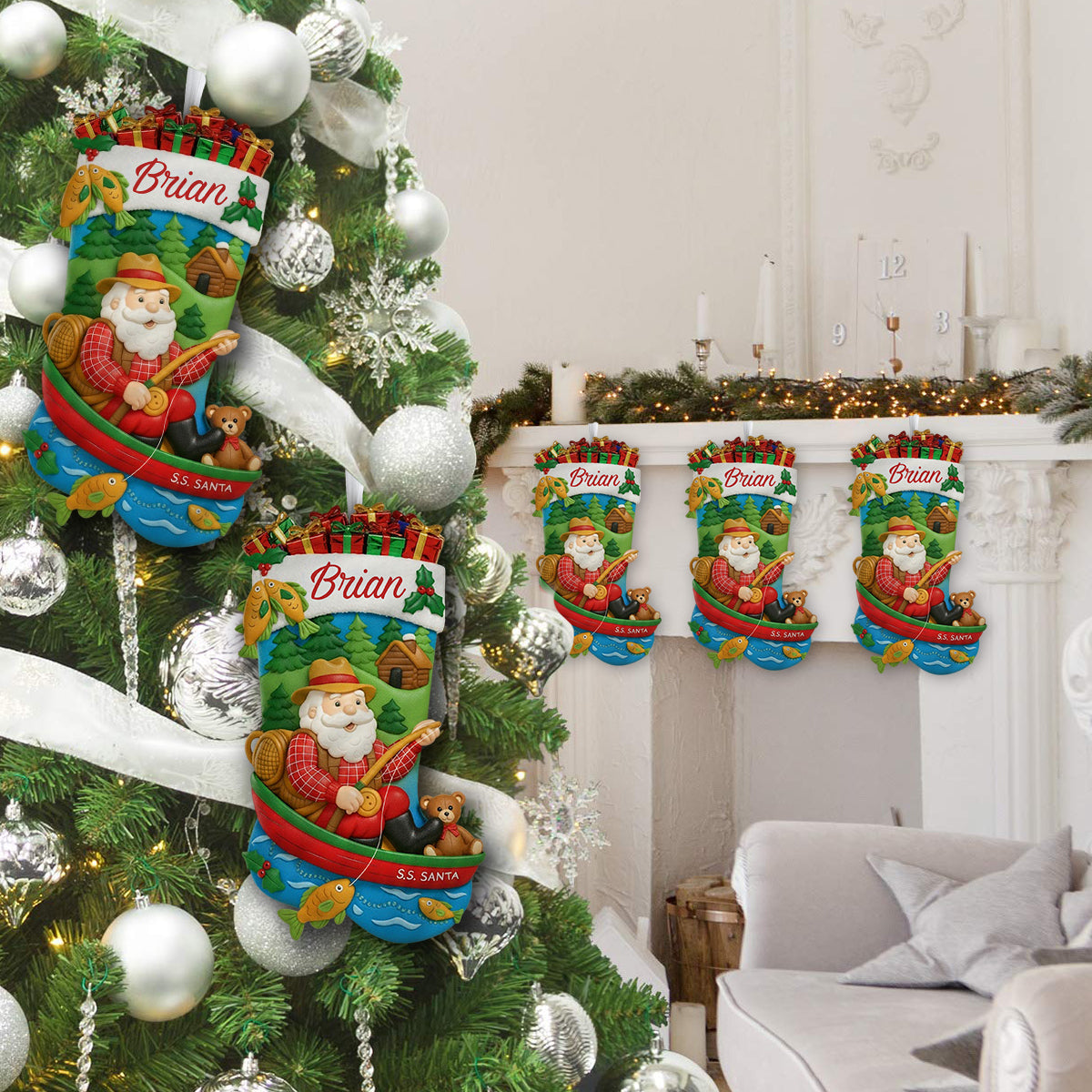Christmas Santa Fishing - Personalized Fishing Shaped Christmas Stocking