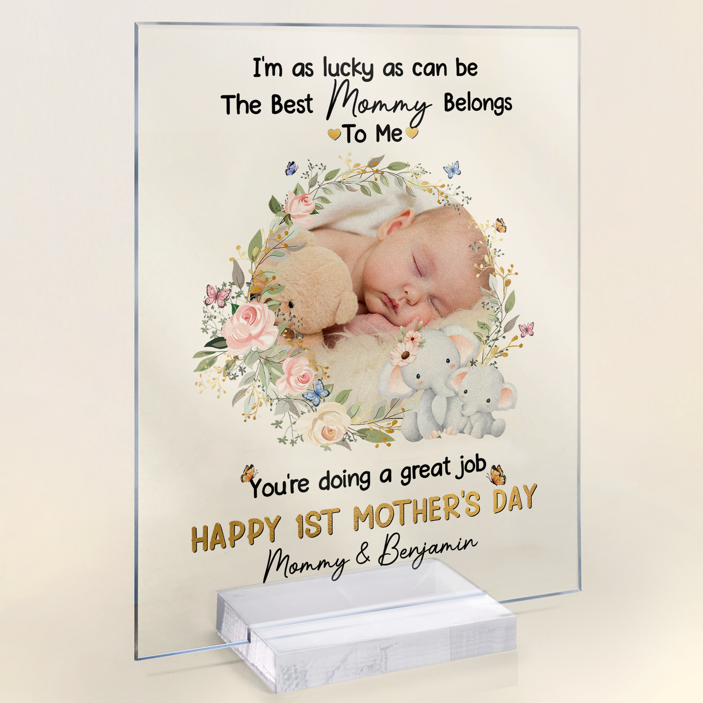 Personalized Baby Plaque with Sweet Floral Elephants Design