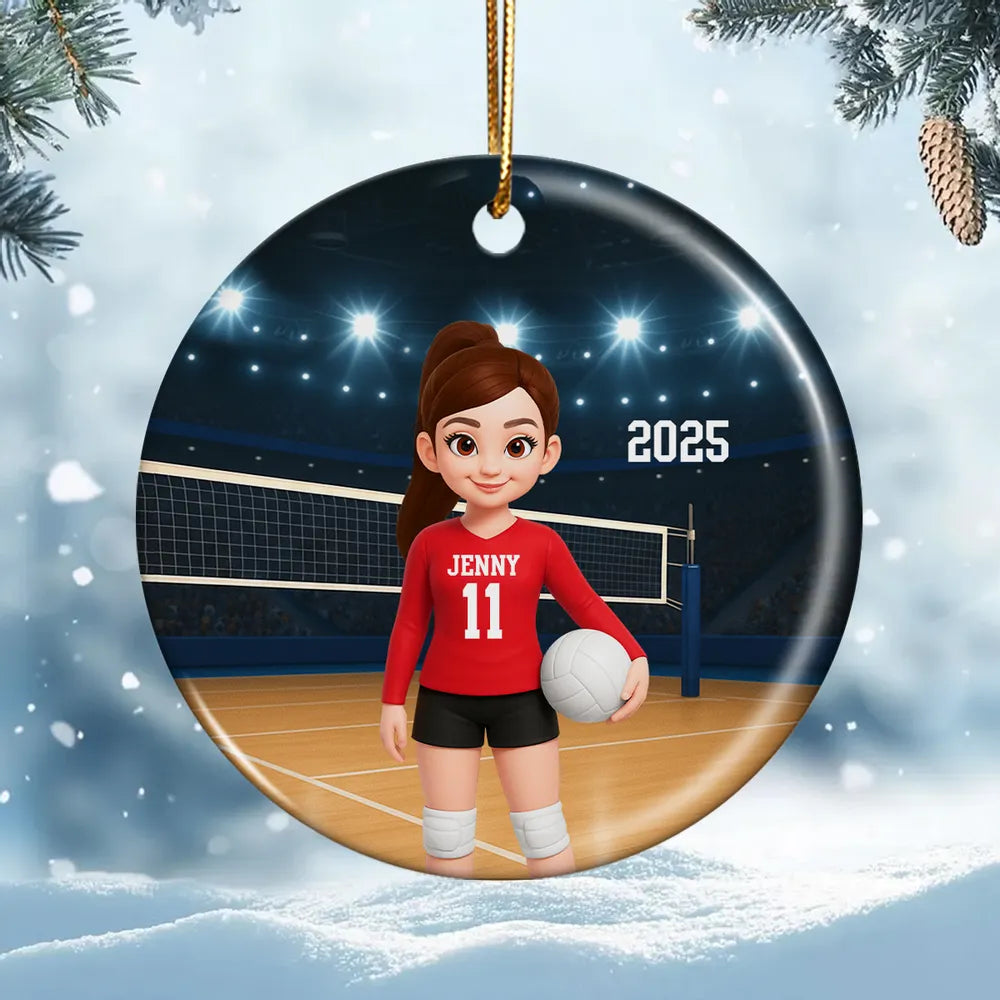 Volleyball Girl Ceramic Ornament with Court Scene, Unique Gift for Teen Athlete or Daughter