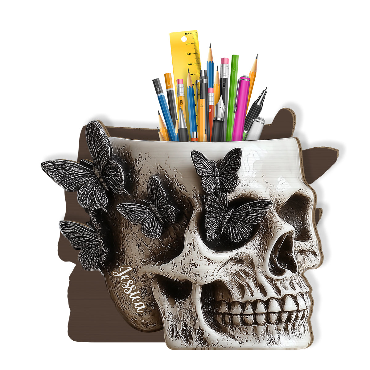 Butterfly Skull - Personalized Skull Wooden Pen Holder