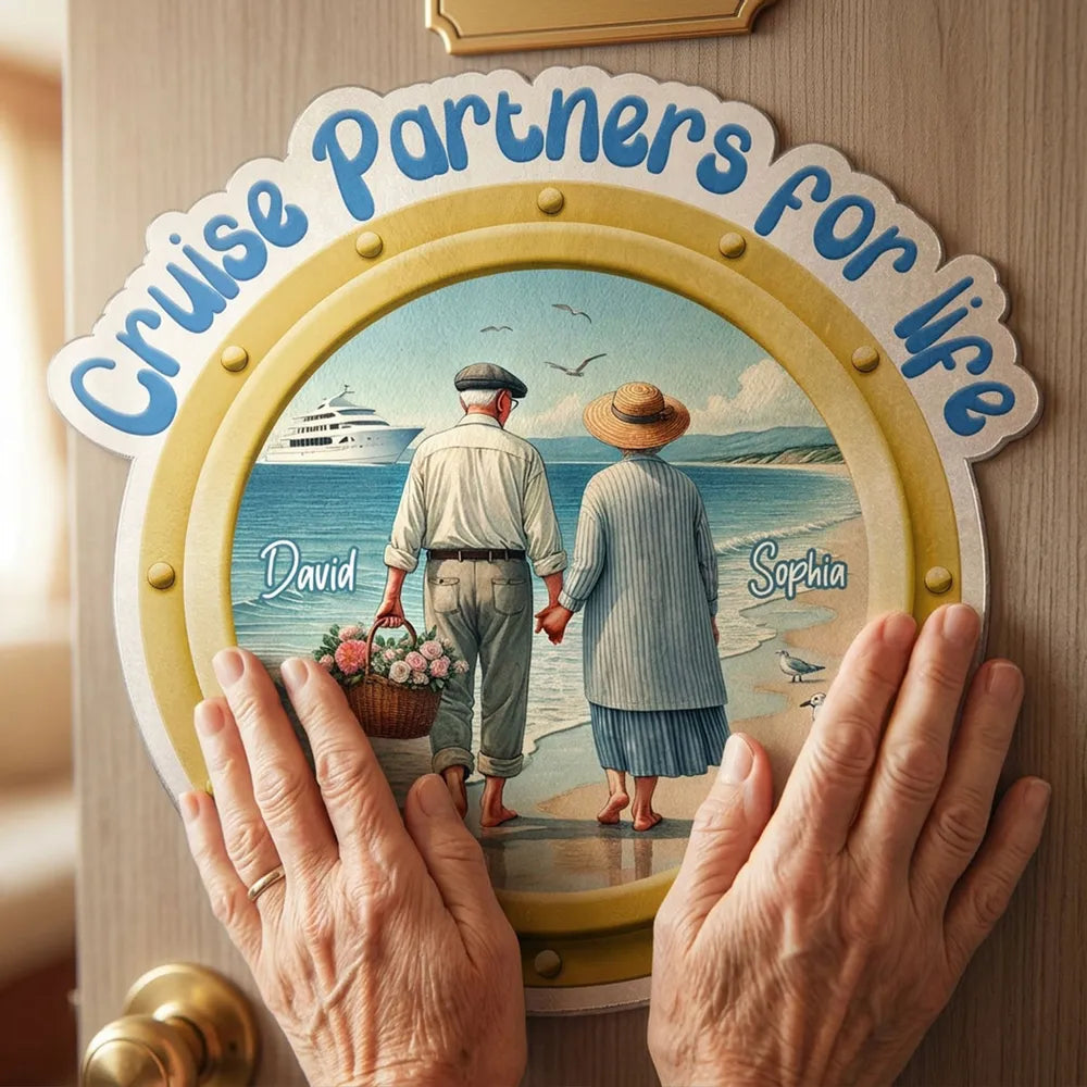 Personalized Acrylic Magnet Cruise Partners for Life, Couple Holding Hands Beach Scene, Unique Cruise Door Gift
