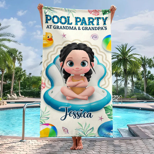 Personalized Pool Party at Grandma & Grandpa's Beach Towel, Cute Cartoon Kid Float Design, Unique Gift for Grandparents