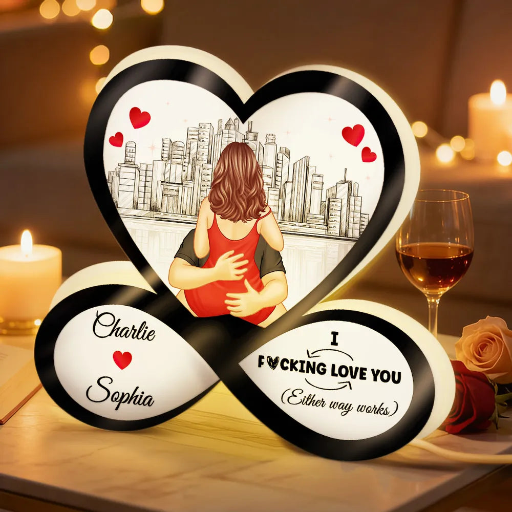 Funny Romantic Couple Acrylic Light Box, Personalized Infinity Heart Skyline Design - Warm Glow Keepsake Gift for Couples