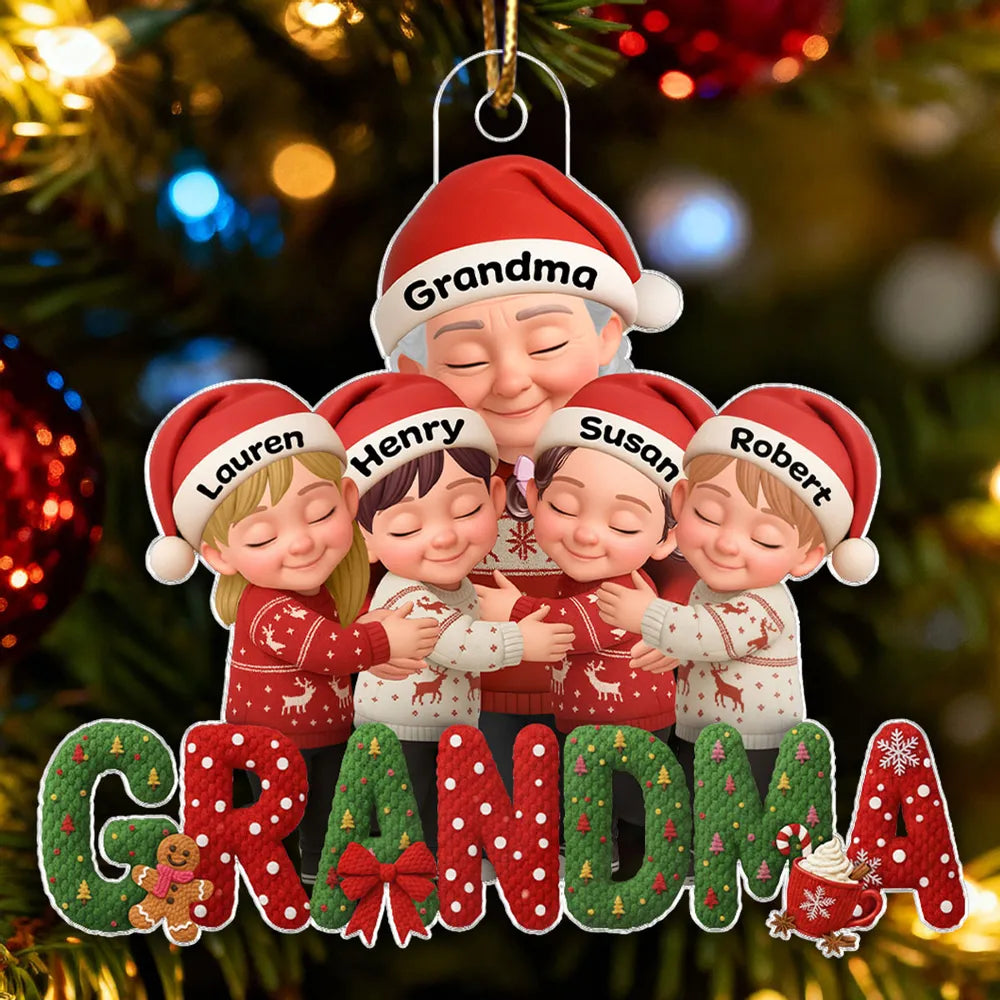 Personalized Acrylic Ornament for Grandma and Grandkids, Cozy Hugging Scene, Cute Christmas Tree Decor, Unique Holiday Gift