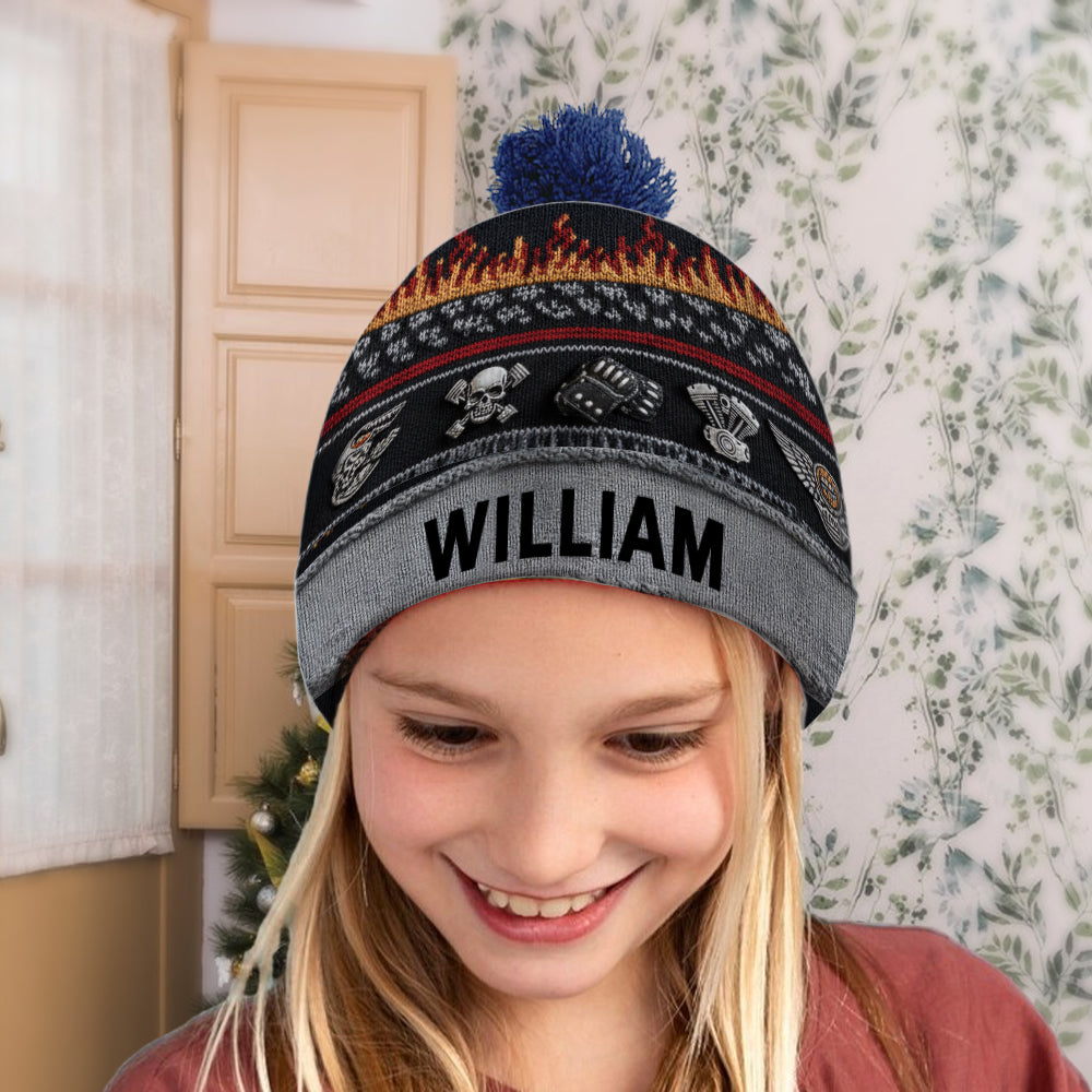 Flame & Engine - Personalized Biker Beanie Hat