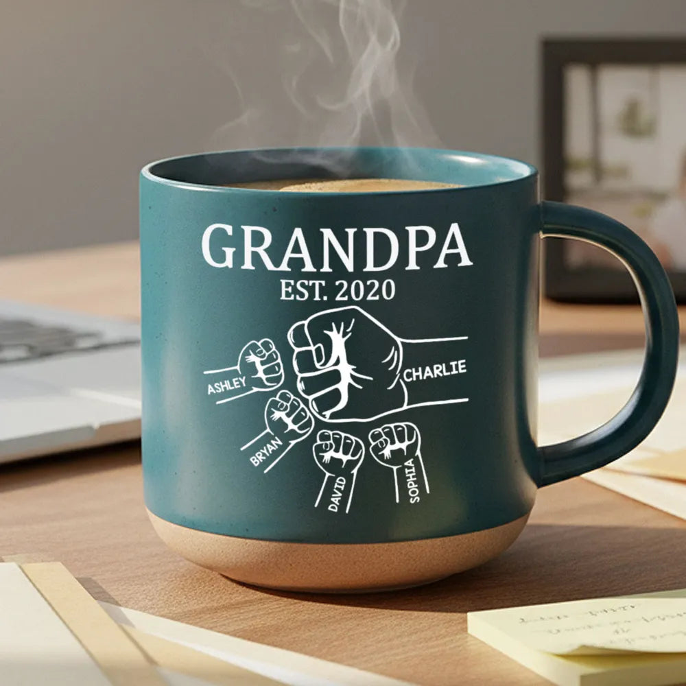 Personalized Pottery Mug with Grandpa Fist Bump Design, Cozy Coffee Moment, Unique Gift for Grandpa