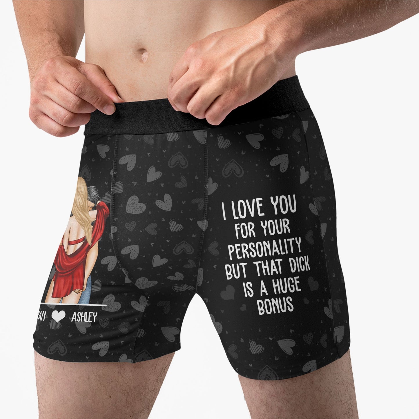 Personalized Men's Boxer Briefs with Funny Romantic Quote, Couple Hug Illustration, Unique Anniversary Gift