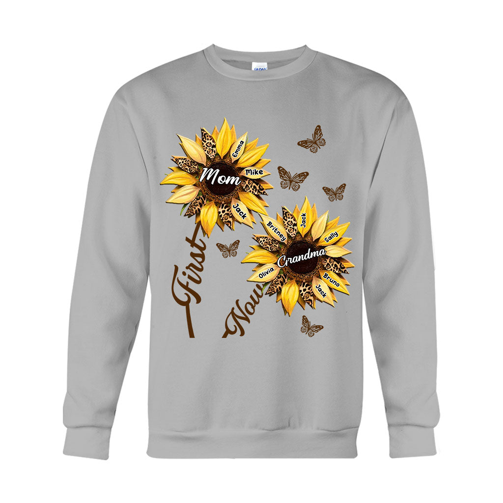 First Mom Now Grandma Sunflower - Personalized Grandma T-shirt And Hoodie