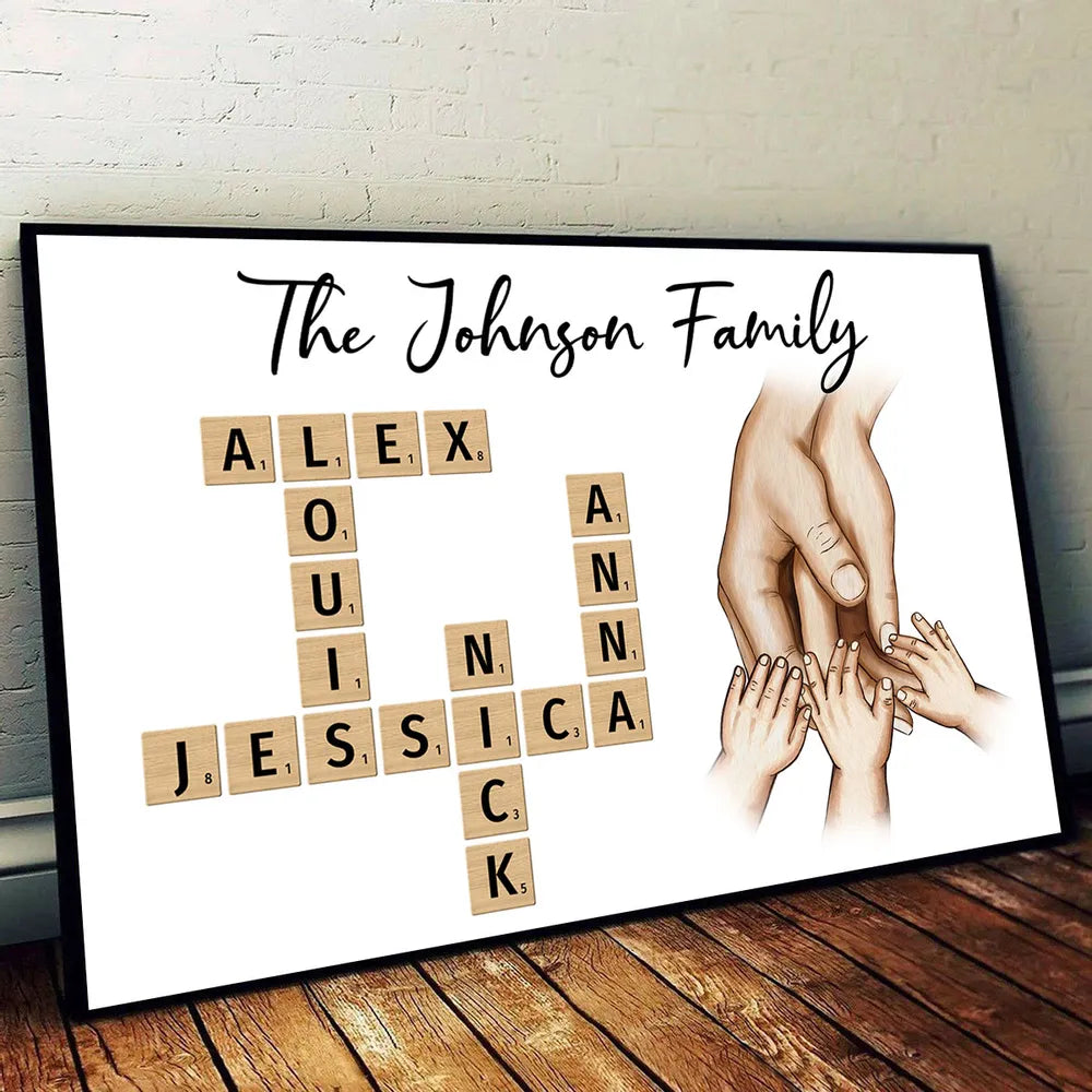Personalized Poster or Keychain or Ornament or Plaque - Family Hands In Hands Crossword Puzzle Art Created In A Moment Treasured Forever