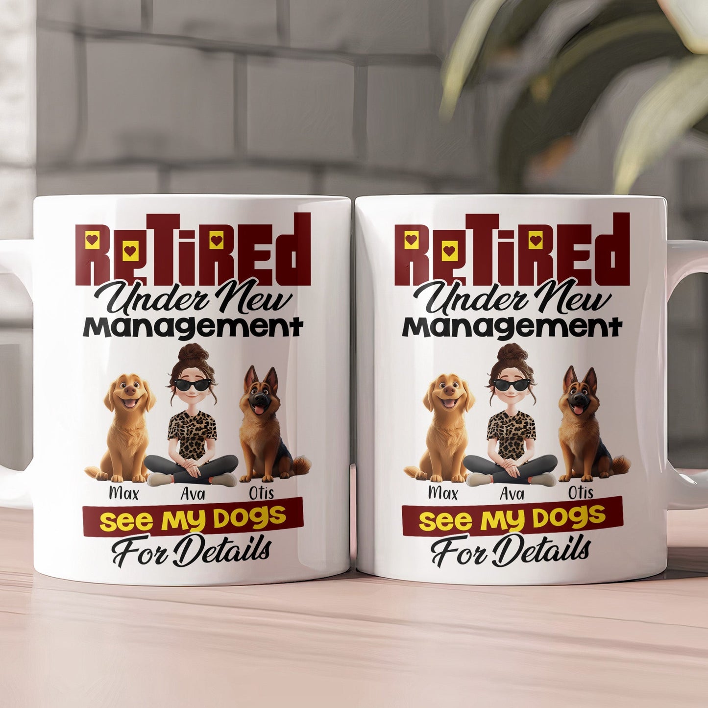 Custom Dog Lover Mug - Retirement-Themed Personalized Cup Featuring Pets and Owner, Funny Gift for Dog Moms & Dads