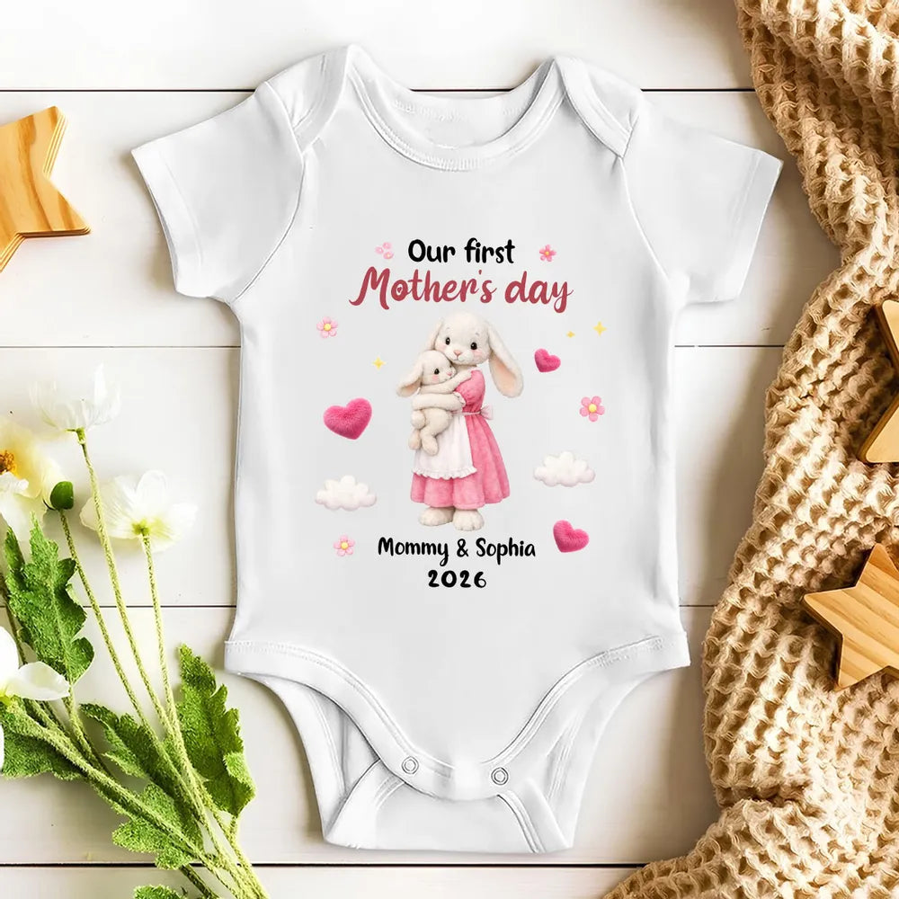 Personalized Mother's Day Short Sleeve Baby Onesie with Bunny Mom & Baby, Sweet First Mother's Day Unique Gift