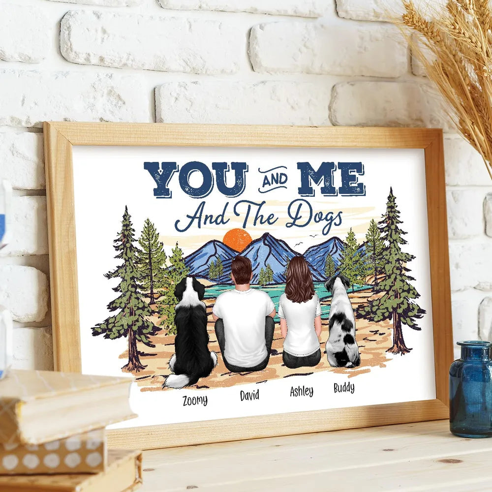 Couple with Dogs Poster Print, Scenic Mountain Landscape Design, Heartwarming Home Wall Art