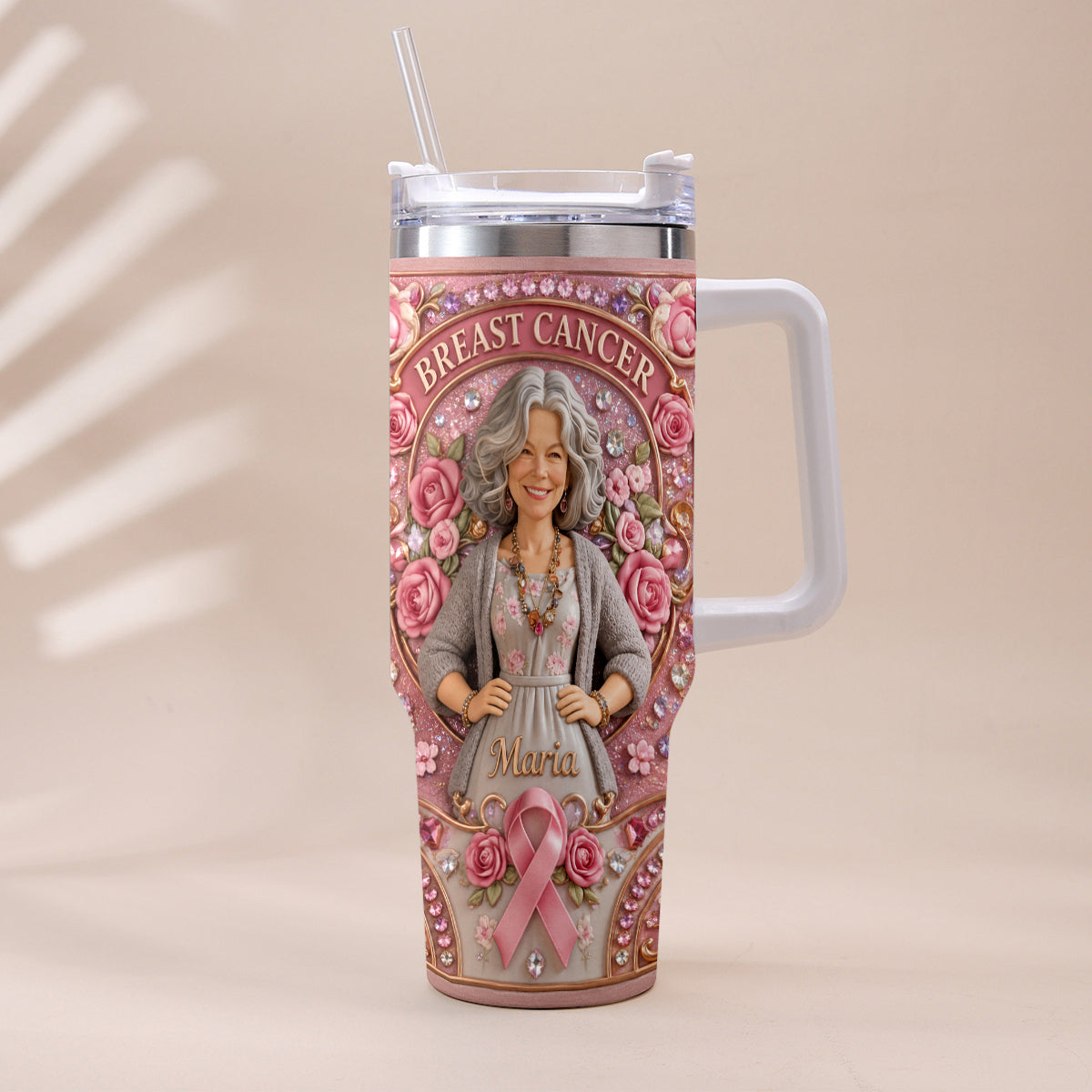 Hope Strength Love - Personalized Breast Cancer Awareness Tumbler With Plush Charm