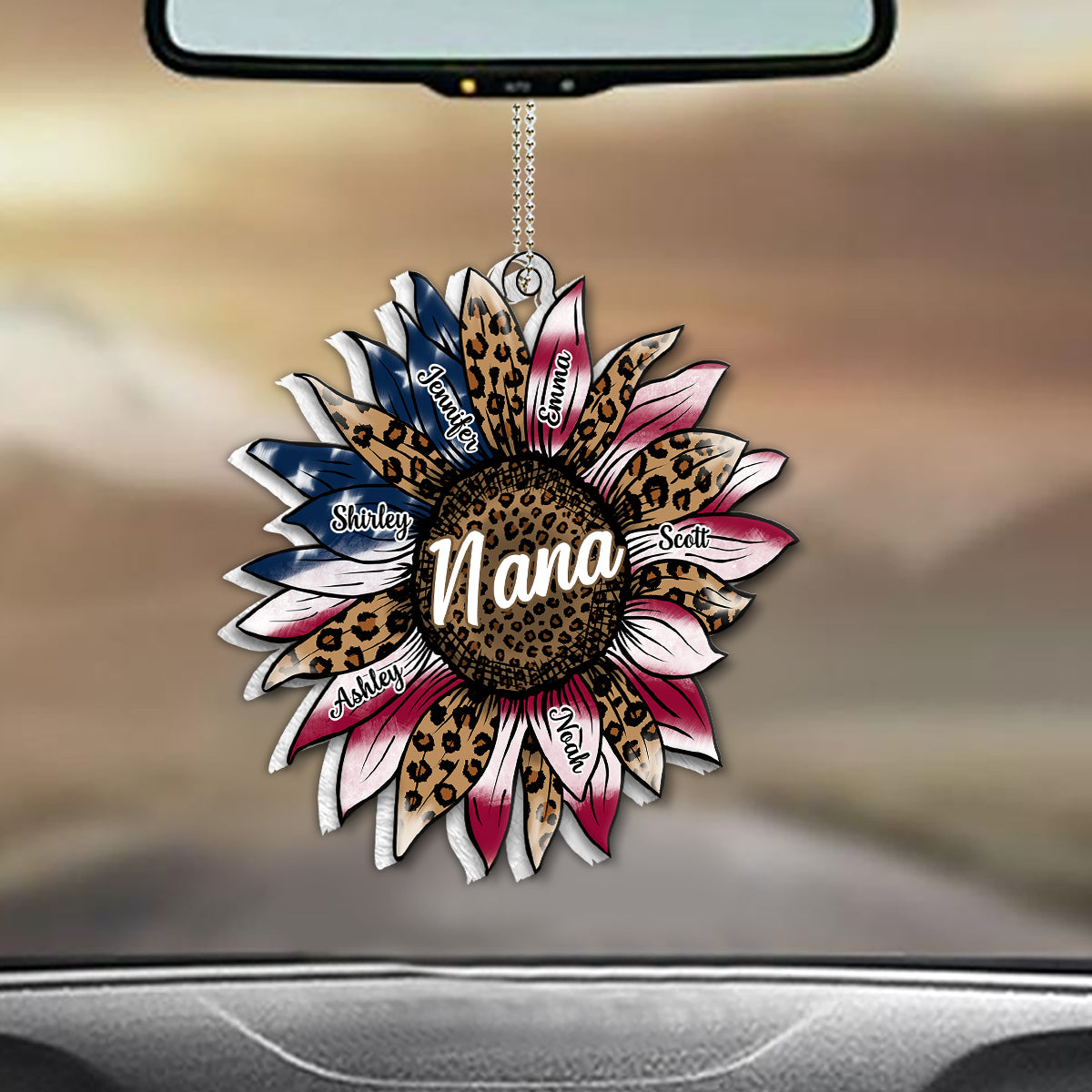 Grandma's Sunflower 4th Of July Flag - Personalized Grandma Custom Shaped Car Ornament