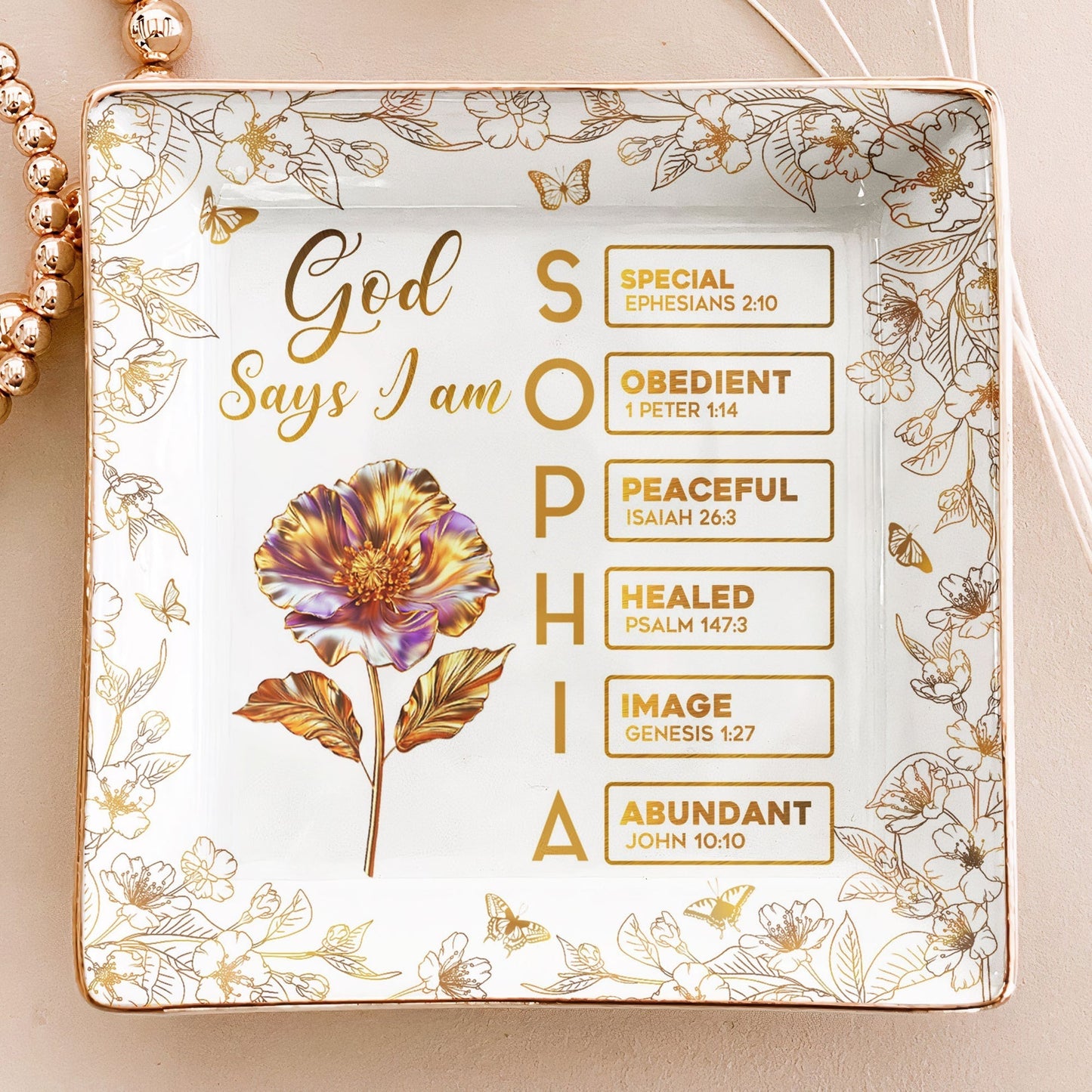 Jewelry Dish with Floral Scripture Design, Elegant Keepsake, Perfect Gift for Women