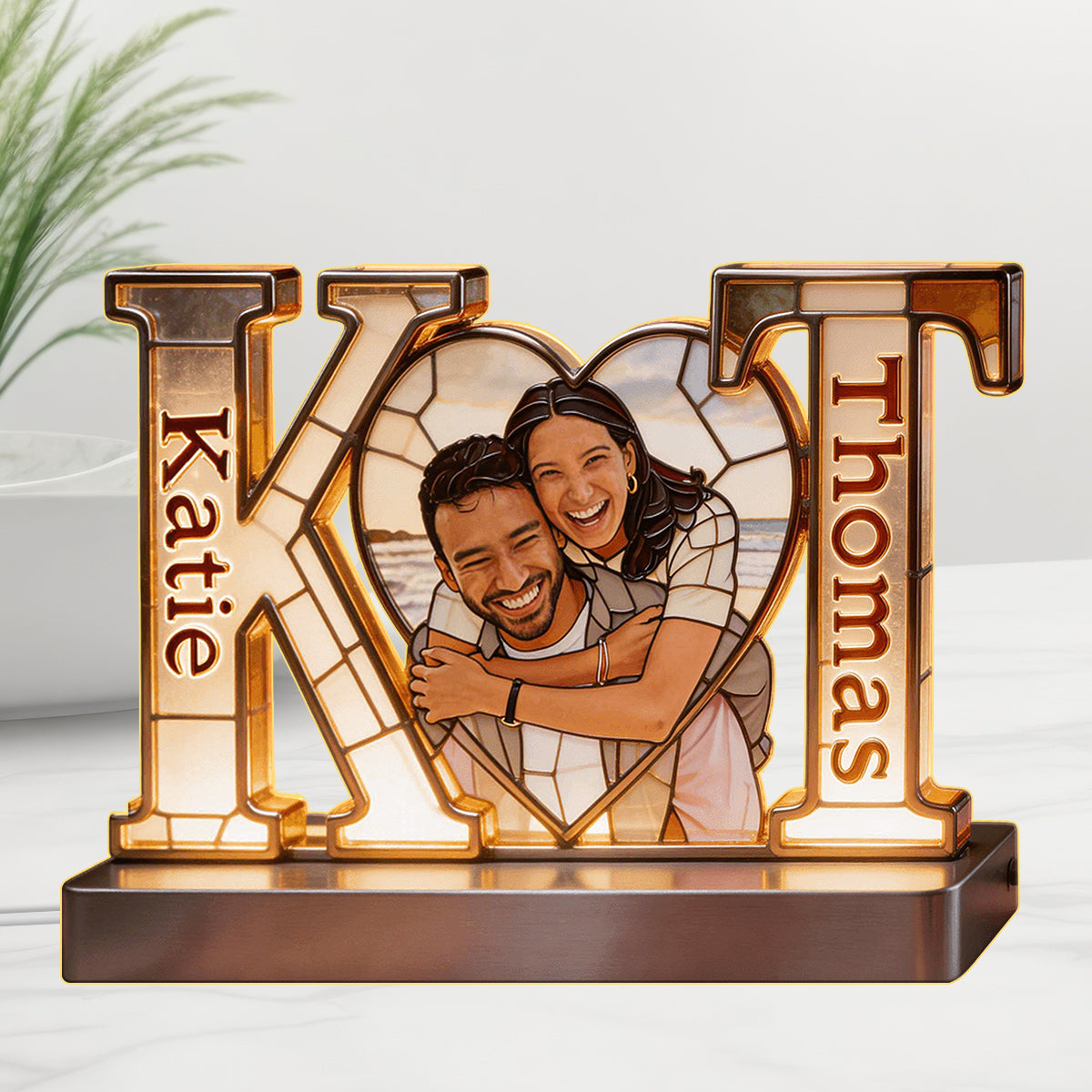 Custom From Photo, Initial Letters And Heart - Personalized Couple Acrylic LED Night Light