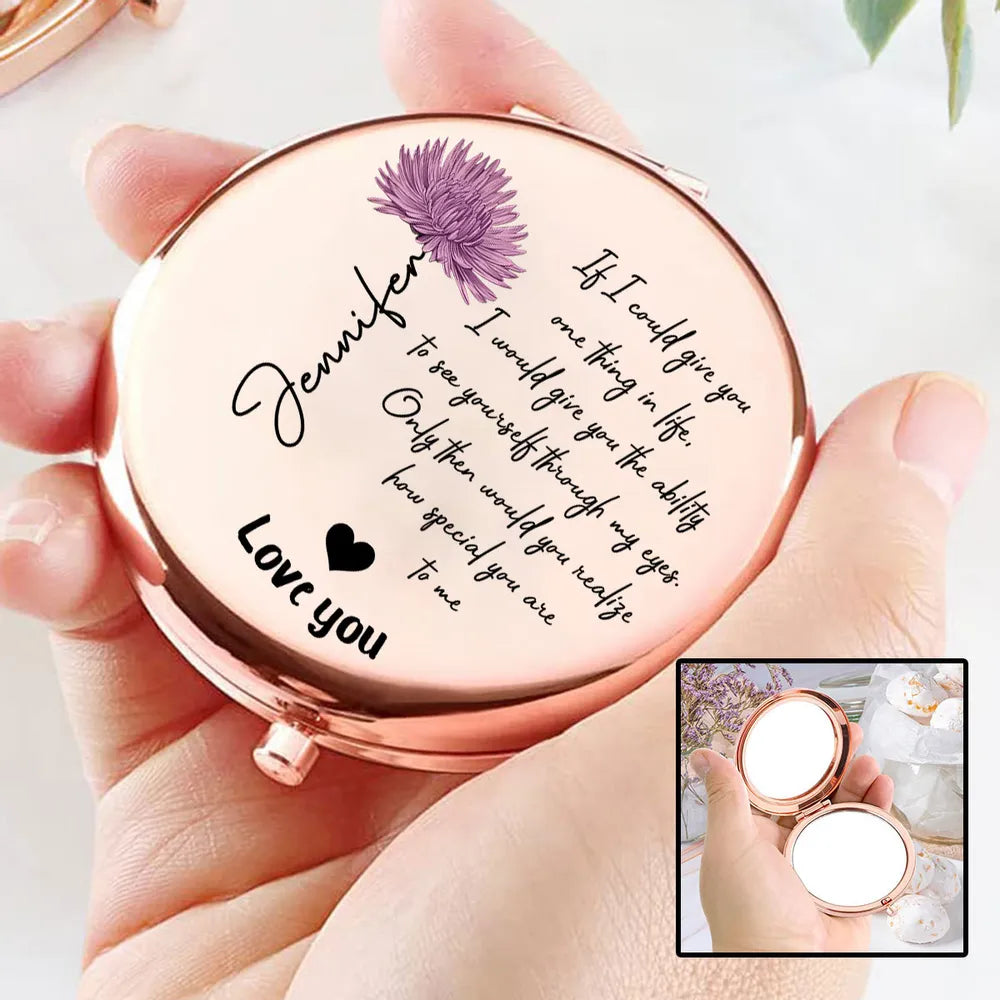 Personalized Metal Compact Mirror with Love Quote, Floral Script Design, Unique Gift for Her to Feel Seen & Loved