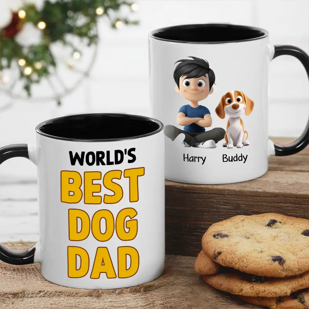World’s Best Dog Dad Mug – Personalized Ceramic Mug with Cartoon Dog and Owner for Dog Lovers