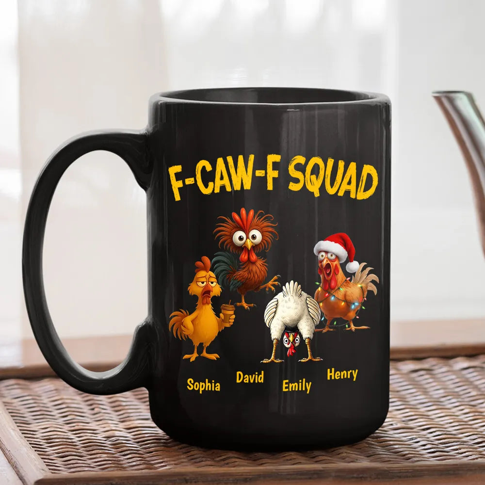 Personalized F-CAW-F Squad Full Color Mug Funny Chicken Cartoon Gift for Friends or Family Coffee Time Laughs