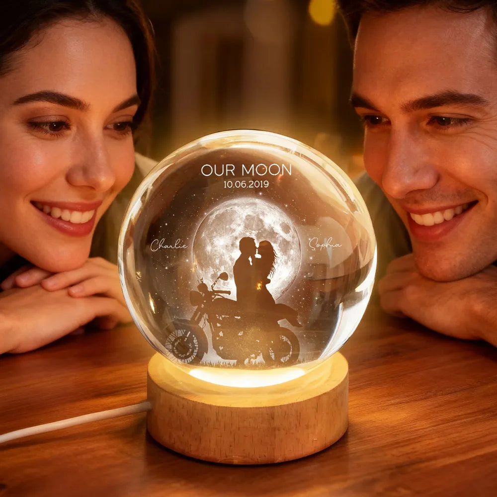 Personalized Globe Lamp with Kissing Biker Couple in Moonlight, Unique Romantic Gift for Him or Her