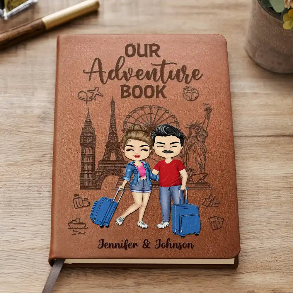 Personalized Our Adventure Book Leather Journal for Couples, Cute Travel Cartoon Cover, Unique Gift for Him or Her