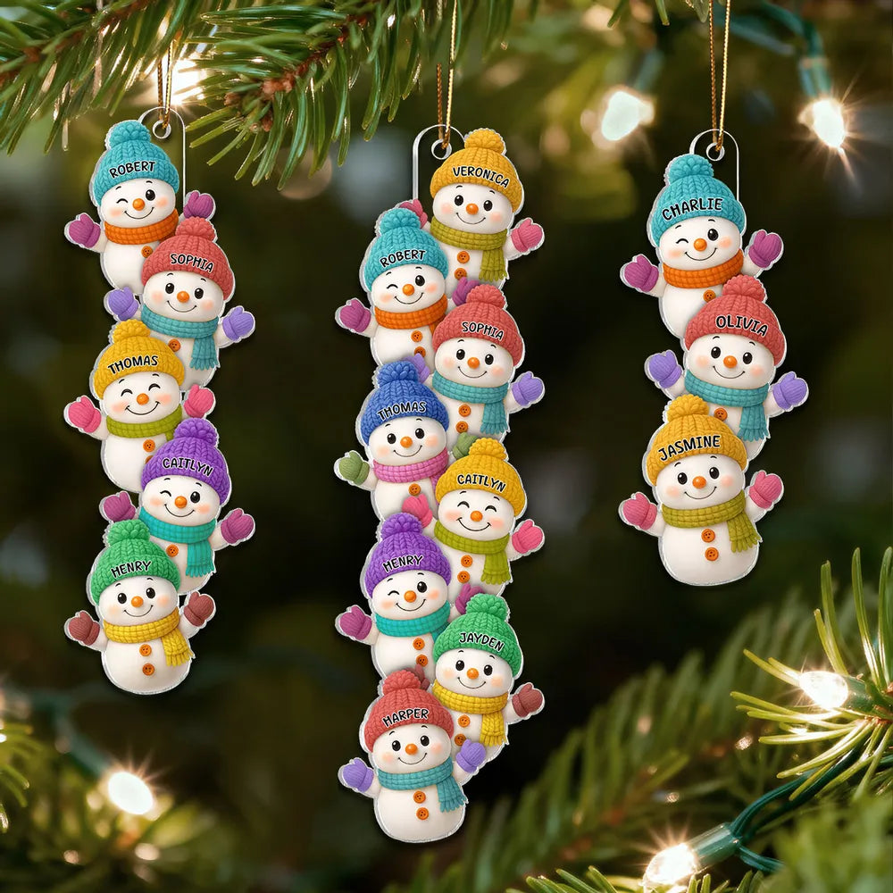 Personalized Acrylic Ornament with Stacked Snowmen Characters, Cute Family Christmas Decor, Unique Holiday Tree Gift