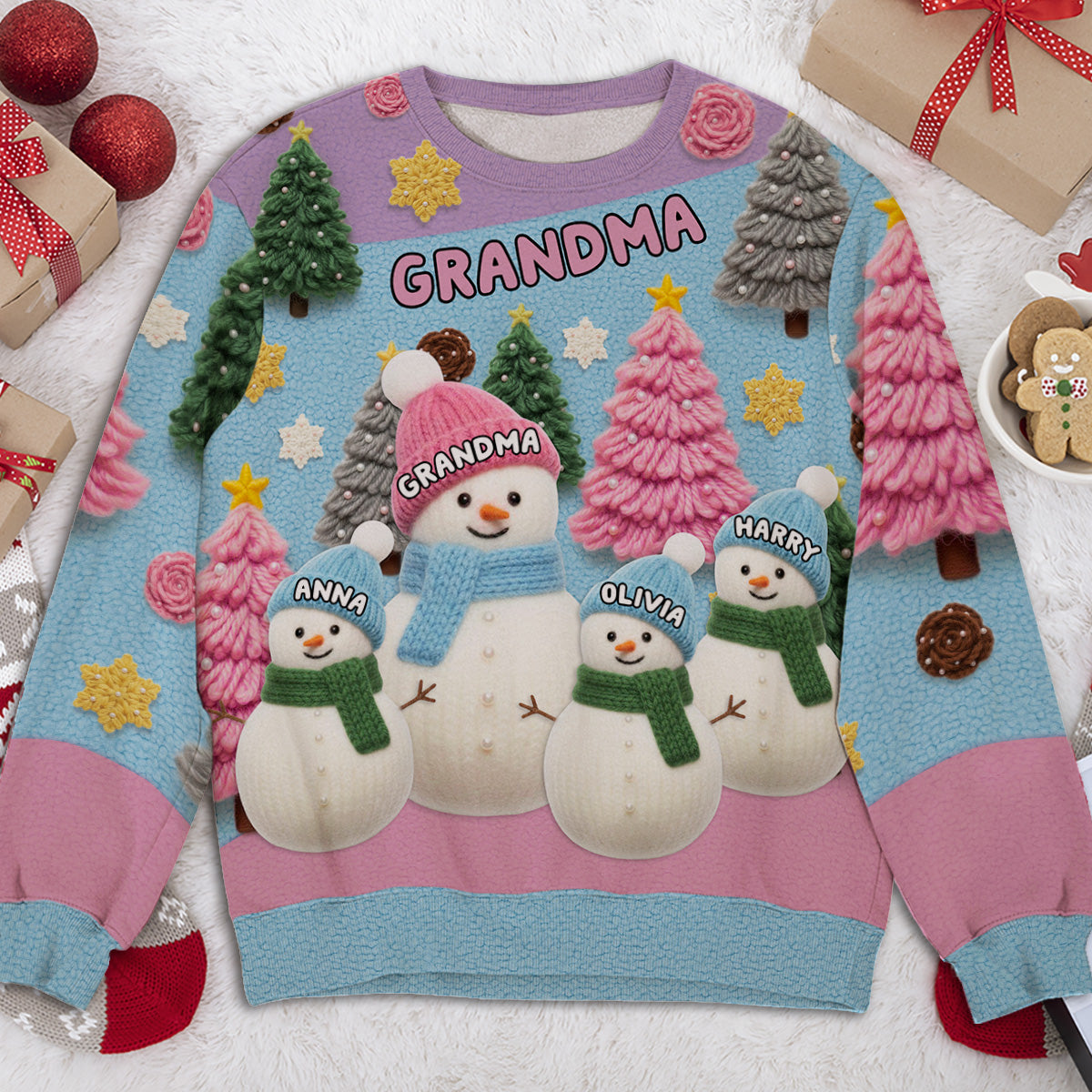 Printed Sweatshirt with Snowman Family All-Over Print, Christmas Trees, pastel winter vibe, a unique gift for Grandma