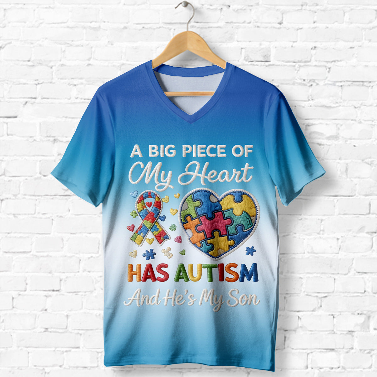 A Piece Of My Heart Has Autism - Personalized Autism Awareness V-Neck T-Shirt With Plush Pin