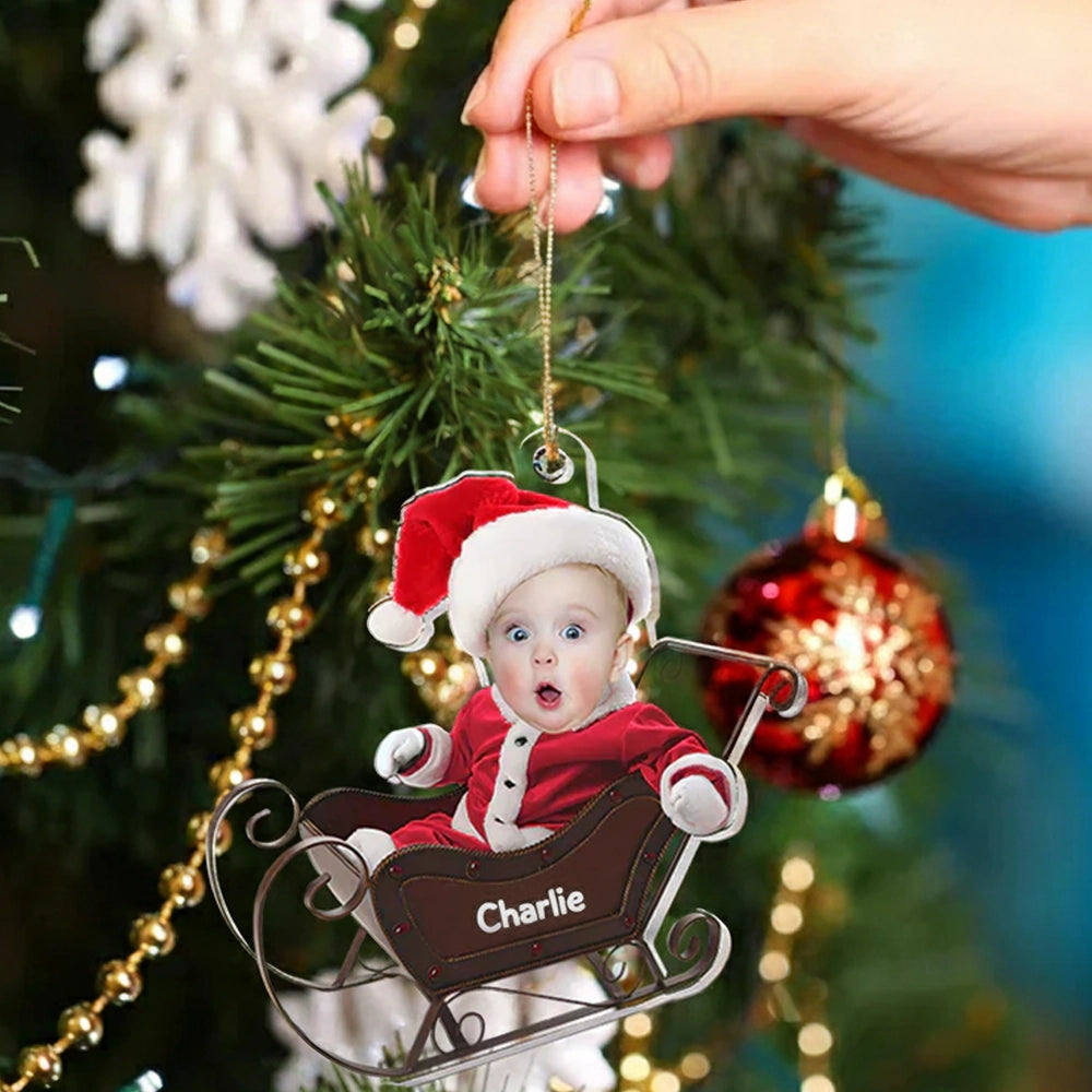 Acrylic Ornament Custom Photo Santa Baby in Sleigh for Christmas Tree, Keepsake, Unique Gift for Parents and Grandparents