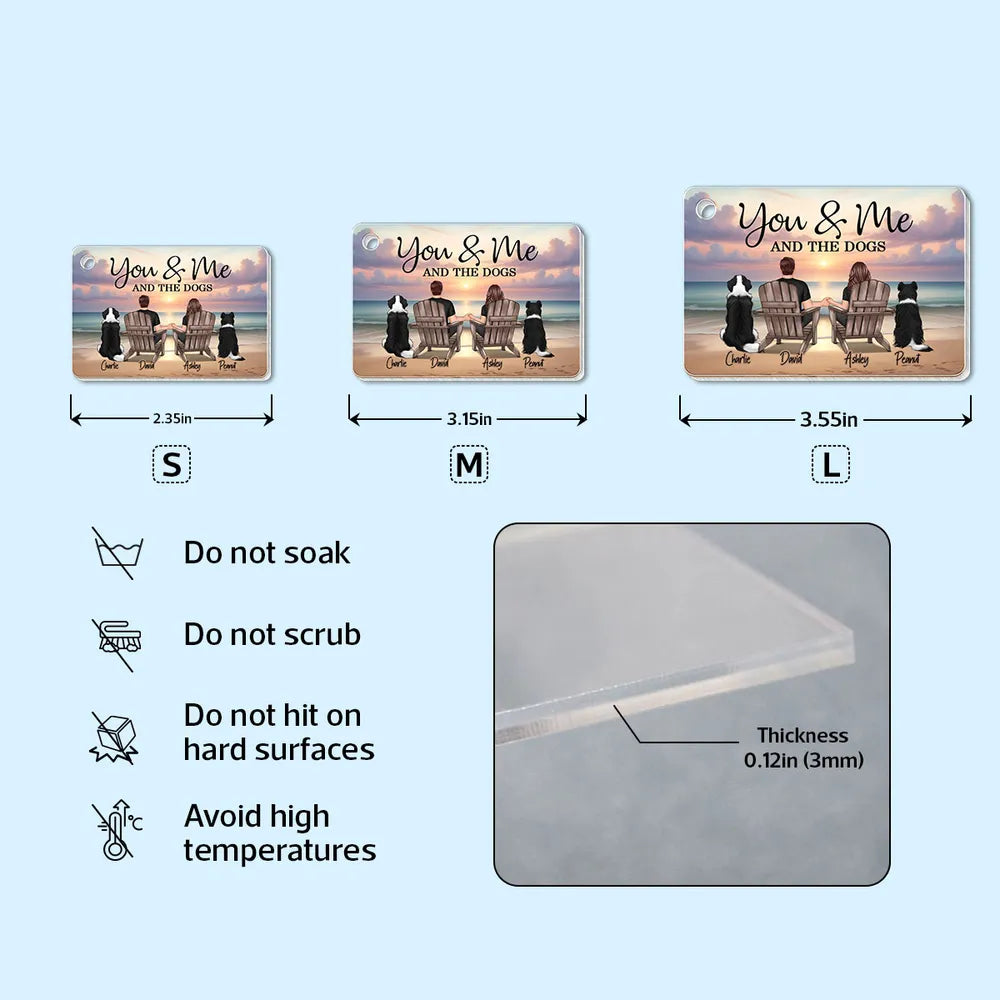 You Me And The Dogs Cats Couple Realistic Beach Landscape Personalized Acrylic Keychain or Poster or Plaque or Ornament, Gift For Him, For Her