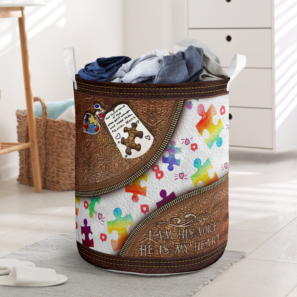 I Am His Voice He Is My Heart Leather Pattern Print Autism Awareness Storage Basket 0622