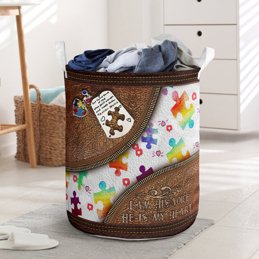 I Am His Voice He Is My Heart Leather Pattern Print Autism Awareness Storage Basket 0622