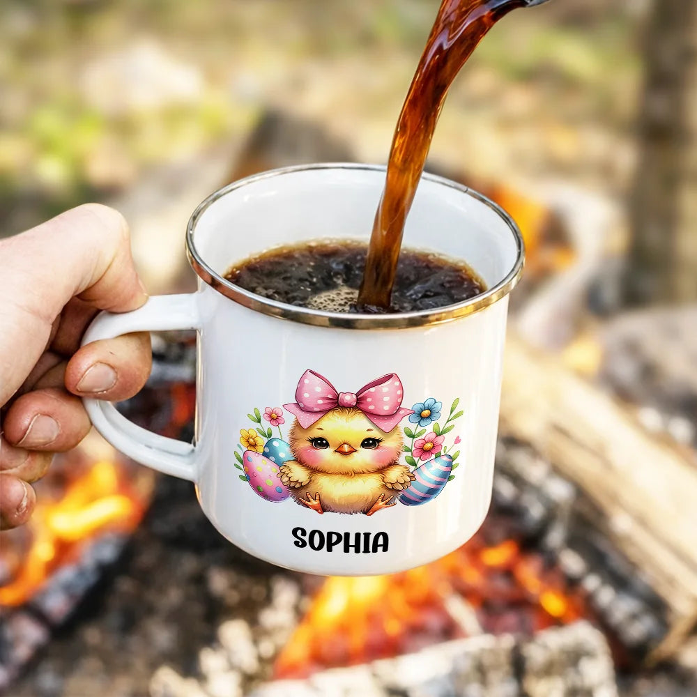Watercolor Bunny Enamel Mug, Personalized Name Keepsake for Cozy Sips, Adorable Easter Season Gift for Family