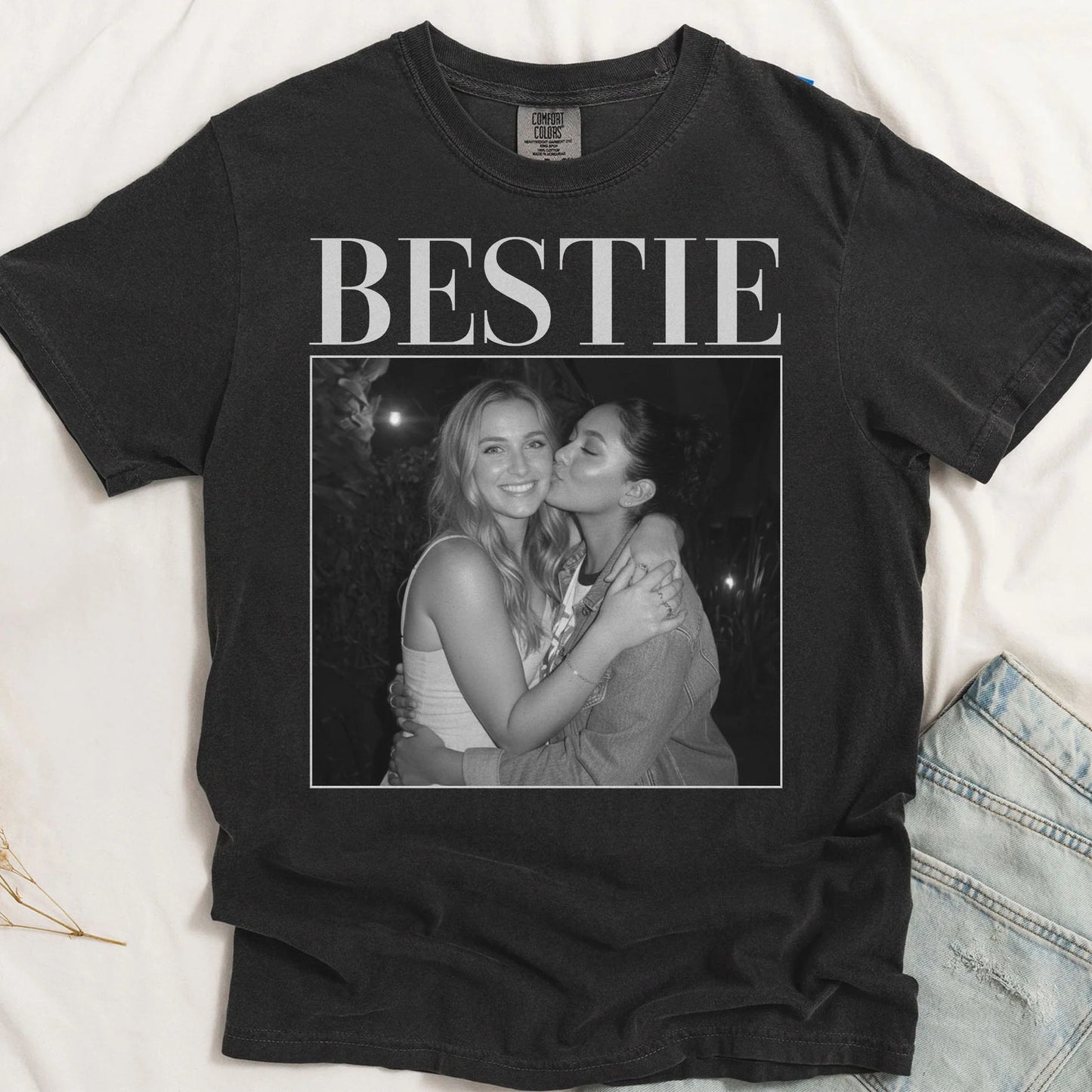 BESTIE Personalized Photo Classic Tee, Vintage-Style Black & White Memory Look, Unique Gift for Best Friend