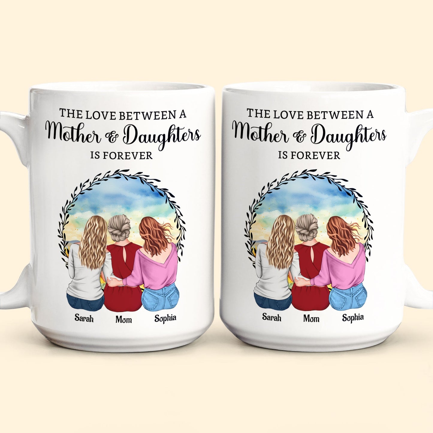 “The Love Between a Mother & Daughters” Birth Moon Ceramic Mug, Personalized Gift for Mom or Daughter