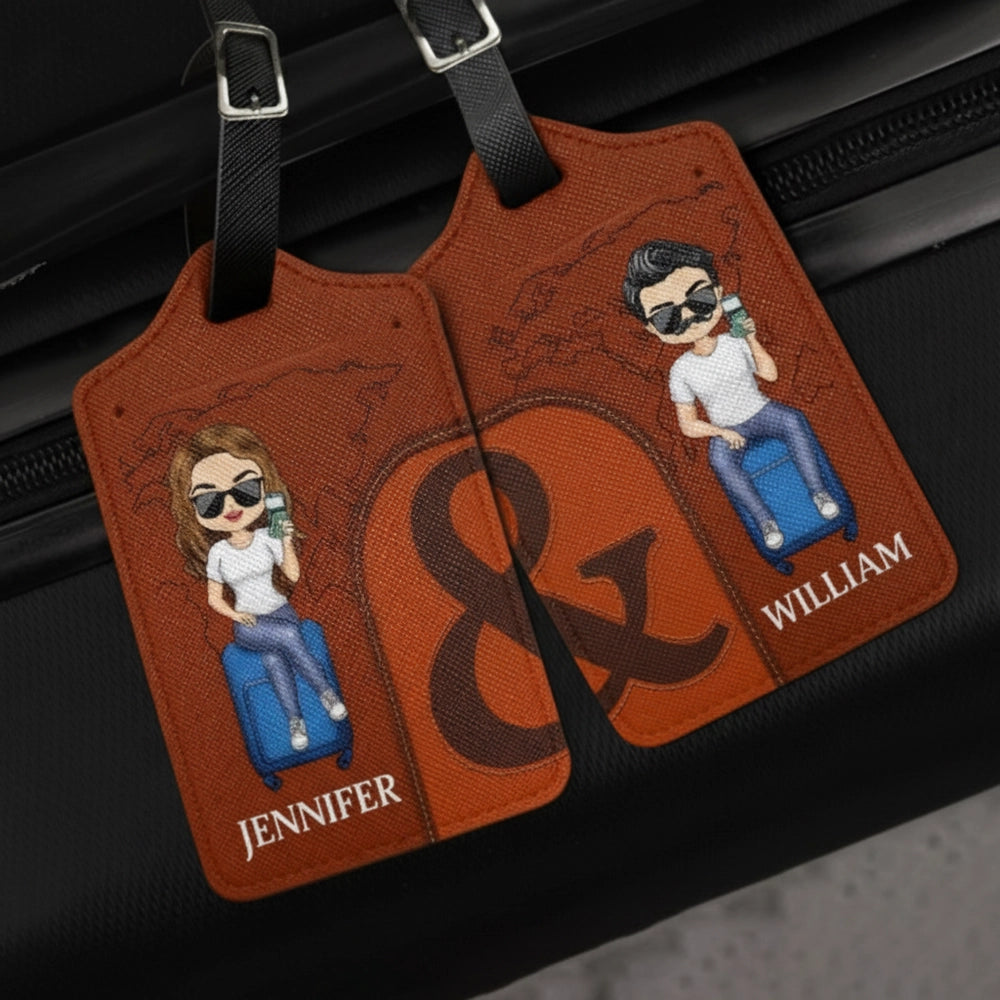 Leather Luggage Tag Set of 2, Personalized for Couples, cartoon couple on suitcase, easy to spot, a unique gift for travelers