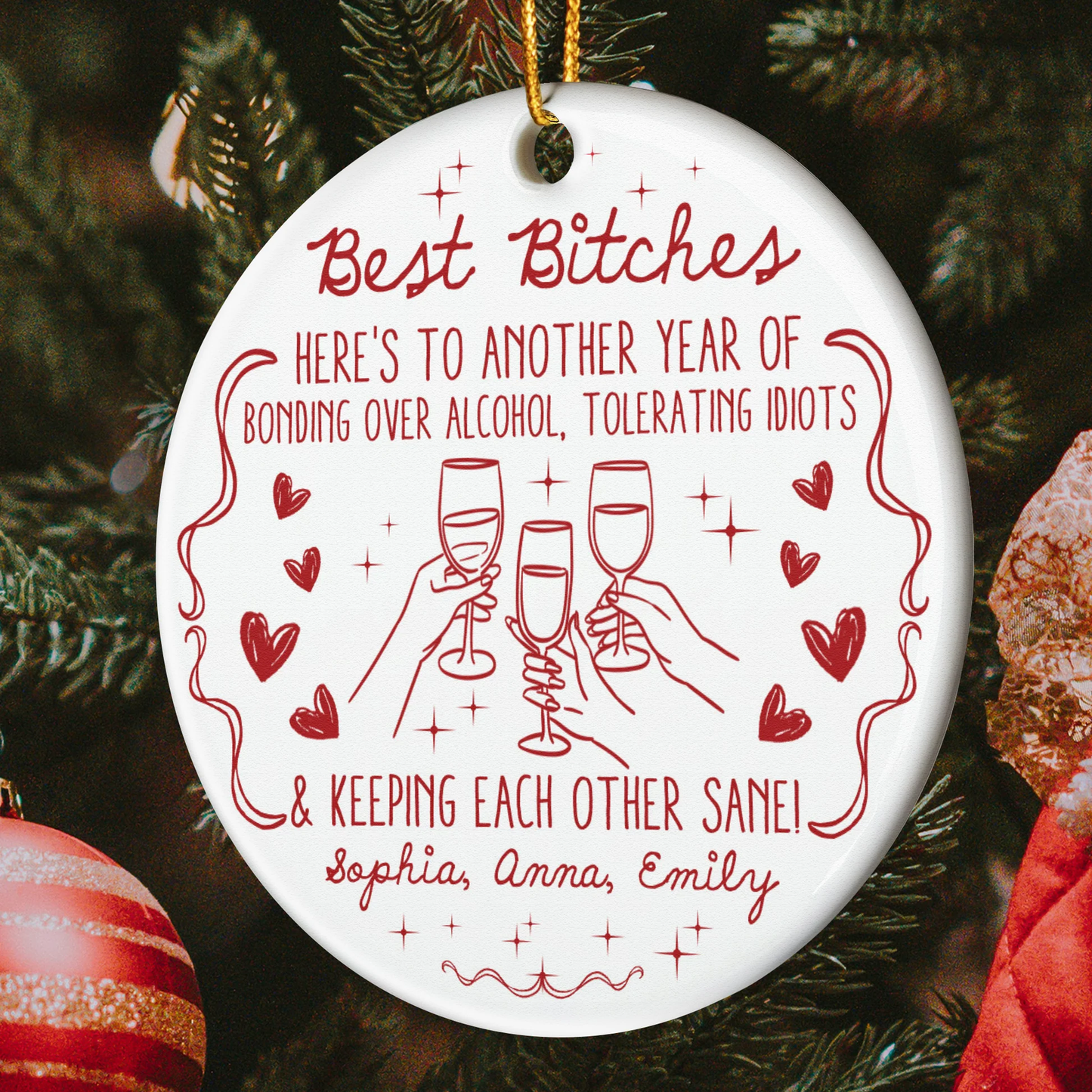 Ceramic Ornament Funny BFF Cheers Line Art in Red, Christmas Tree Decor, clinking glasses, unique gift for Best Friends