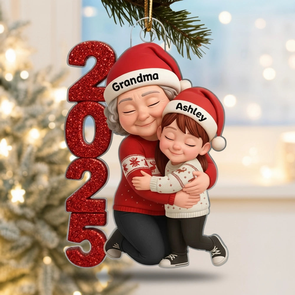 Acrylic Ornament - Personalized Grandma & Grandchild Hugging, Snowy Window - Christmas Keepsake, Unique Gift for Grandma