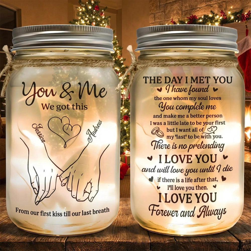 Personalized Glass Mason Jar Light for Couples with Hand-Holding Art, You & Me Romantic Quote, Unique Anniversary Gift