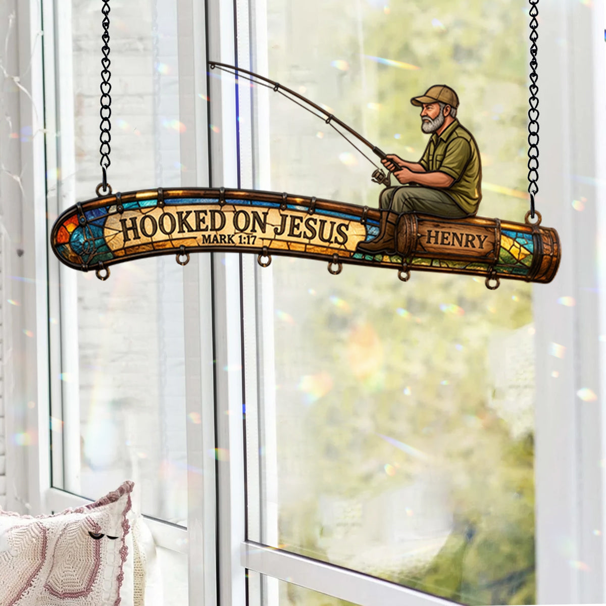 Hooked On God - Personalized Fishing Window Hanging Suncatcher With Custom Charms