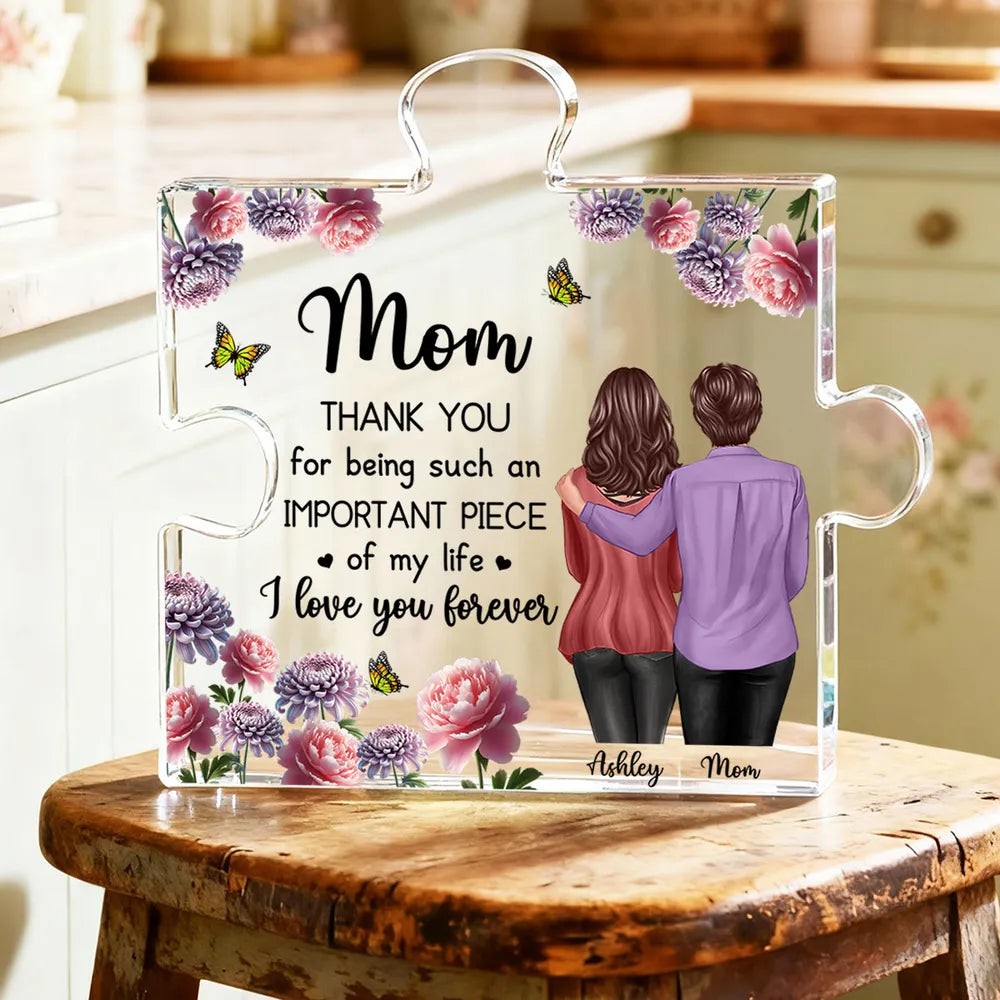 Personalized Shaped Acrylic Block Plaque for Mom, Puzzle Piece Love Quote, Floral Butterfly Design, Unique Gift